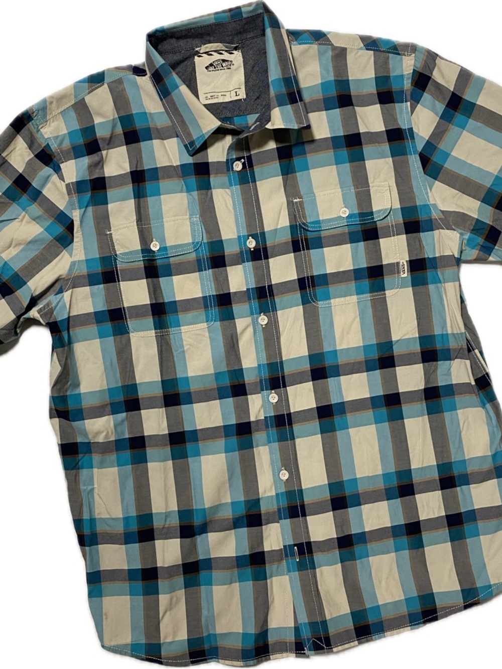 Vans Blue, Gray and White Plaid Short-Sleeve Button-Down Shirt